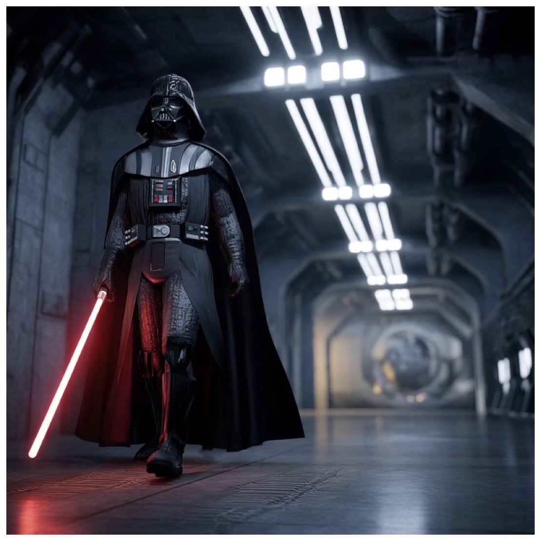 A figure in dark armor and cape walks down a futuristic hallway, holding a glowing red lightsaber, illuminated by overhead lights.
