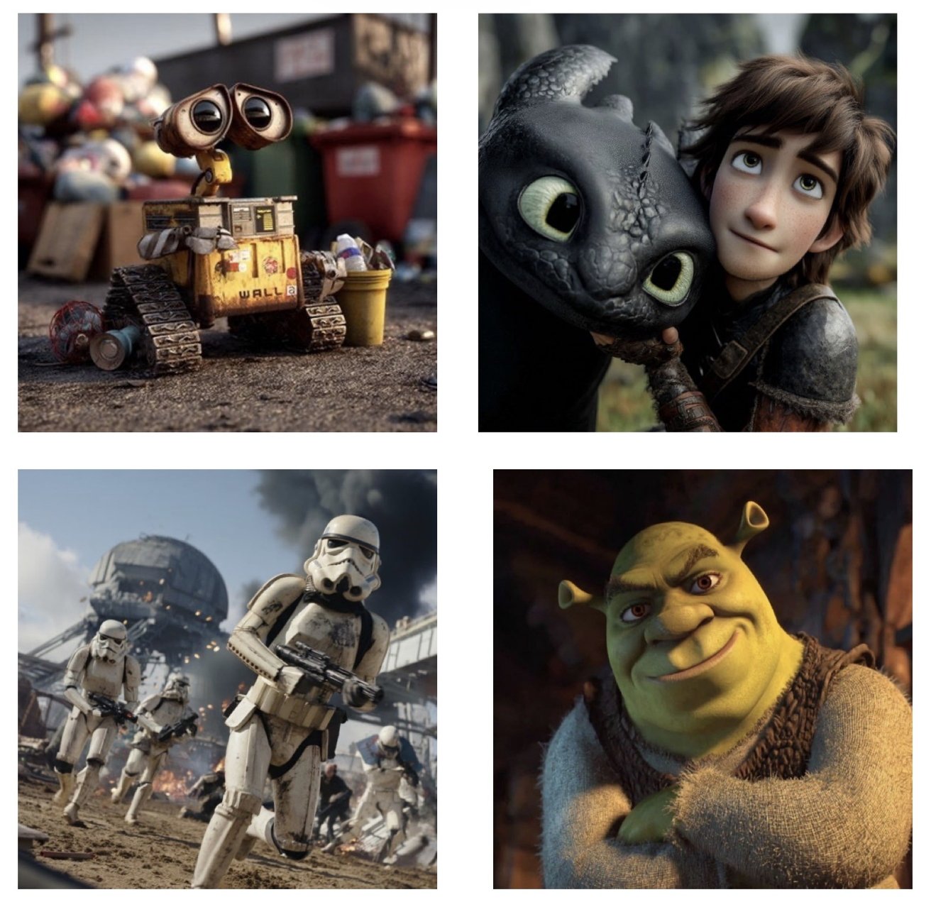Four animated scenes: a small robot in a junkyard, a boy with a dragon, stormtroopers in battle, and a green ogre smiling with folded arms.