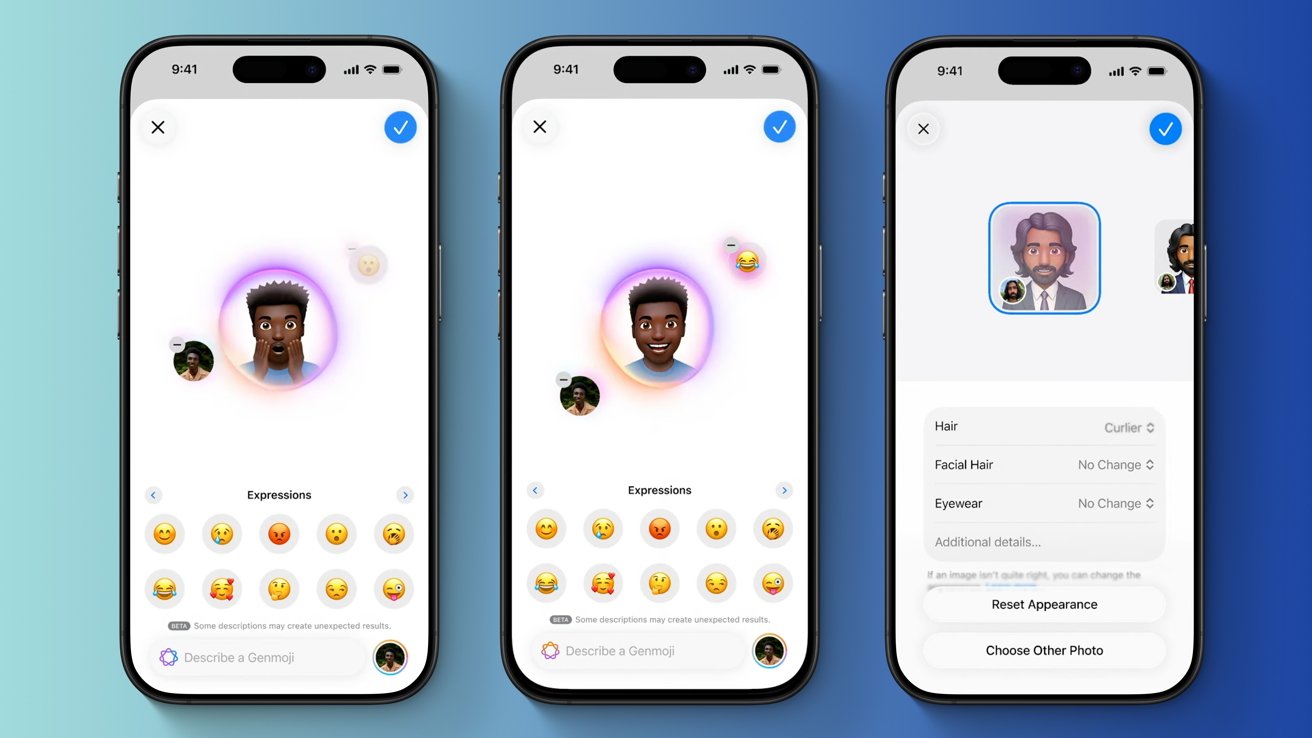 Three smartphones display an app with customizable cartoon avatars, showing different facial expressions and editing options for hair, facial hair, and eyewear on a blue gradient background.