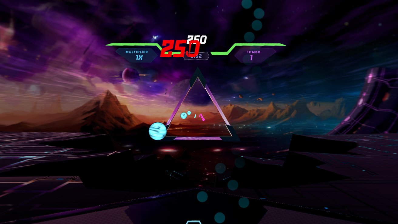 Futuristic cosmic landscape with glowing triangle, floating spheres, mountains, and space elements under a vibrant purple sky. Bright numbers display 250 with score indicators above.