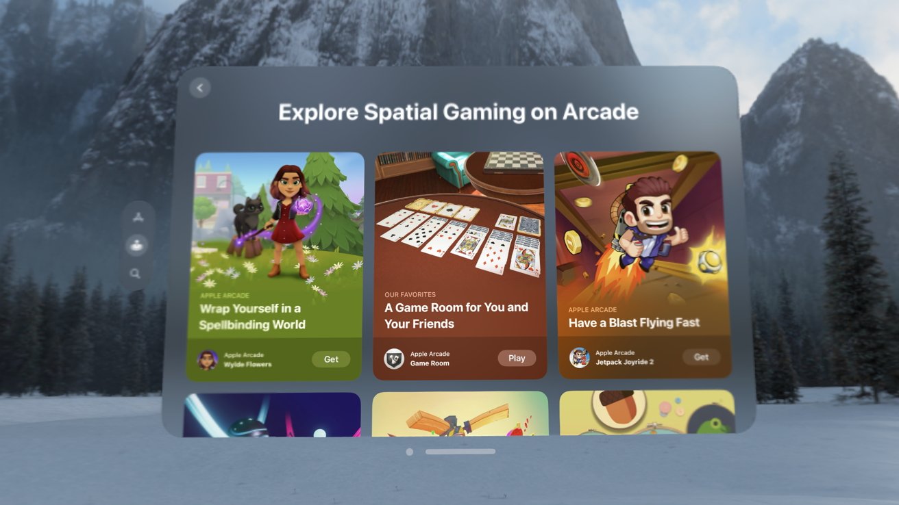 Digital menu displaying three game advertisements with vibrant graphics, featuring a magical world, card games, and a flying character, set against a snowy mountain backdrop.