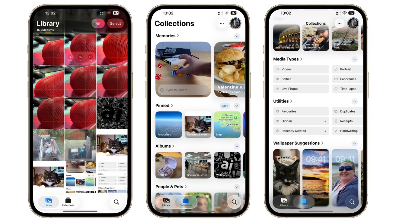 Three smartphone screens showing photo library, collections with albums and memories, and media type categories. Contains various images, including a sandwich, dice, and cats.
