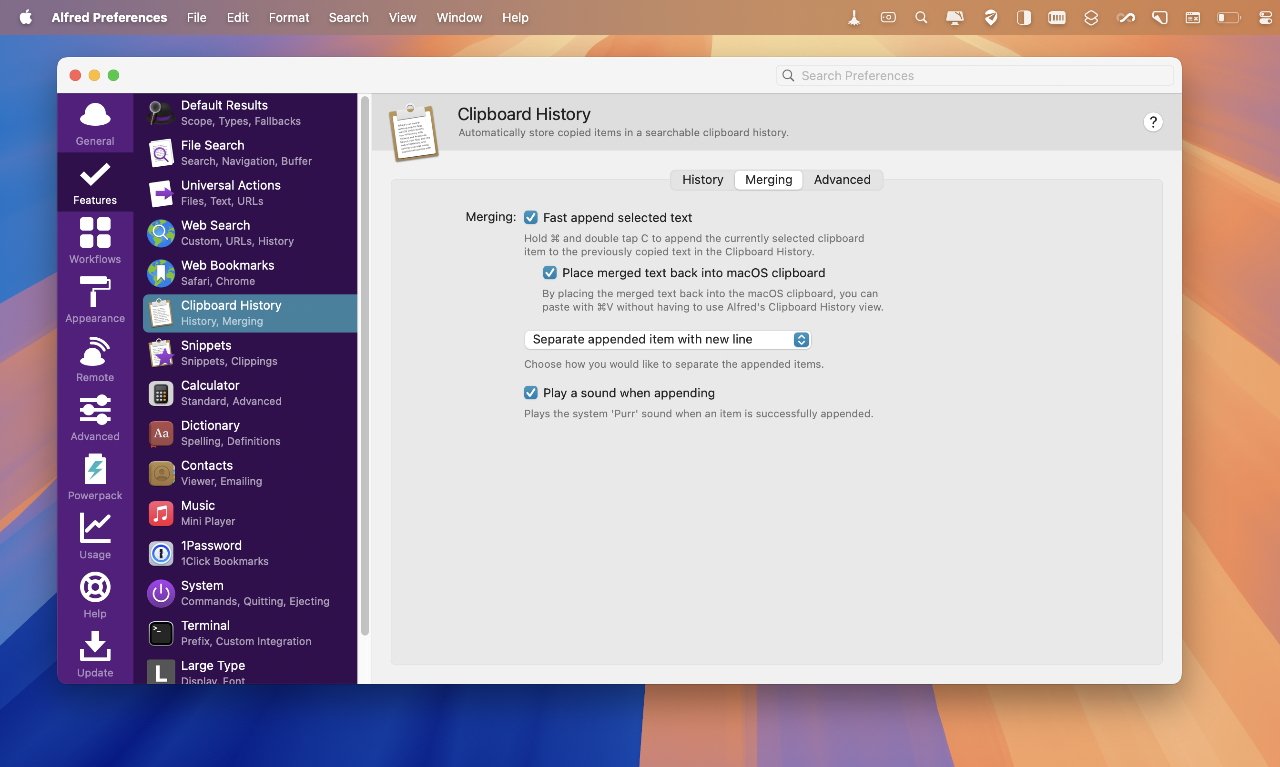 Alfred Preferences window showing Clipboard History settings with options for merging, sound notifications, and clipboard integration. Sidebar displays various features and workflows.