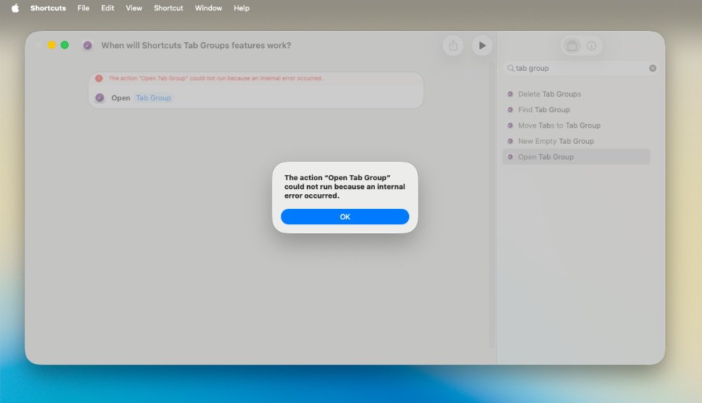Error message about 'Open Tab Group' action not running due to an internal error, with an 'OK' button, displayed on a gray application interface.