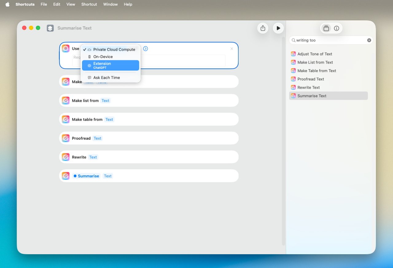 A computer screen displaying a text summary tool with menu options like adjusting text tone, making lists, tables, and proofreading, featuring a dropdown for cloud or device processing.