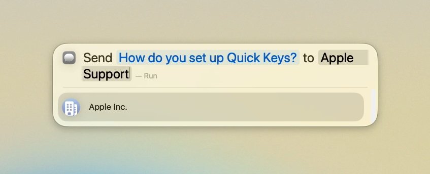 Message prompt showing 'Send How do you set up Quick Keys? to Apple Support' with Apple's logo and company name displayed beneath.
