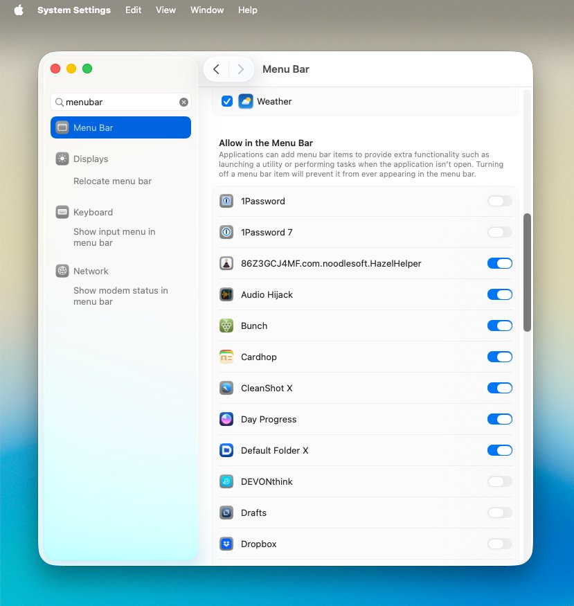 Settings window displaying menu bar options with toggle switches for various applications like Weather, 1Password, and Dropbox, showing which are active or inactive.
