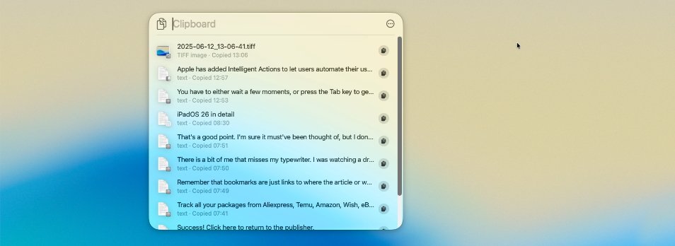 A clipboard history panel displays a list of copied items, including text snippets and a TIFF image file, against a gradient background.