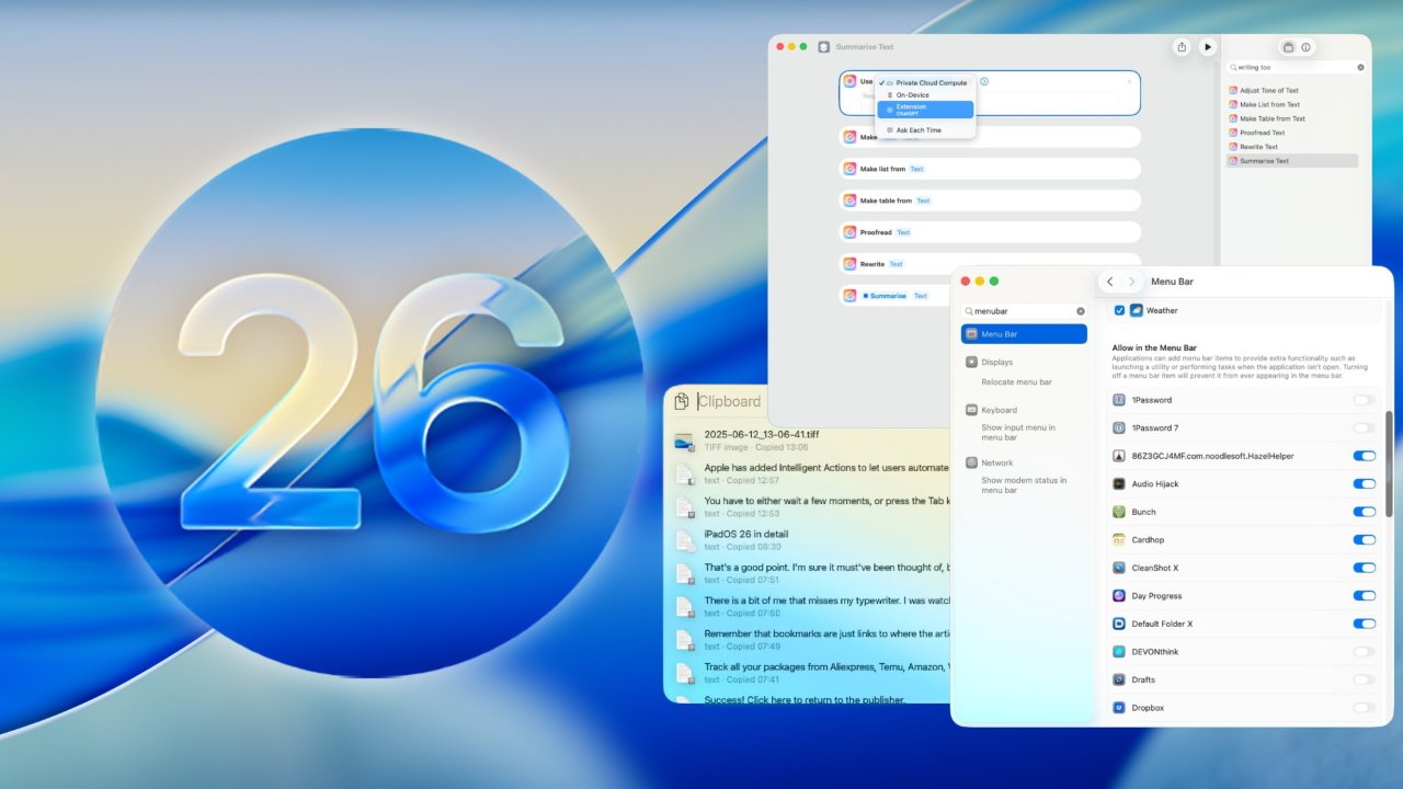 A large blue-themed number 26 with overlapping computer interface windows showing lists and settings, including menus for summarizing text and menu bar customization.