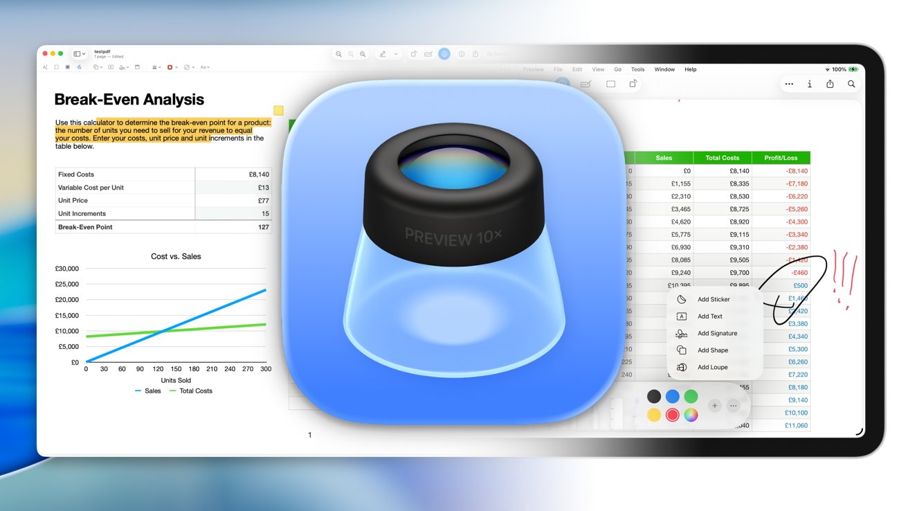 Large blue magnifying glass icon overlaying a screen showing a break-even analysis document with charts and annotations.