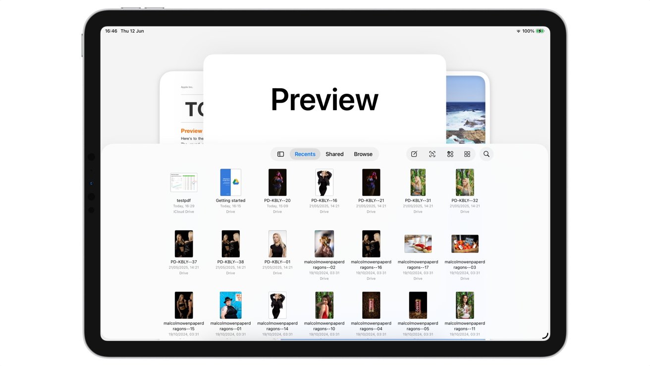 Tablet screen displaying a file preview window with a grid of image thumbnails and document icons. Time shows 16:46 on Thursday, June 12. Battery is fully charged.