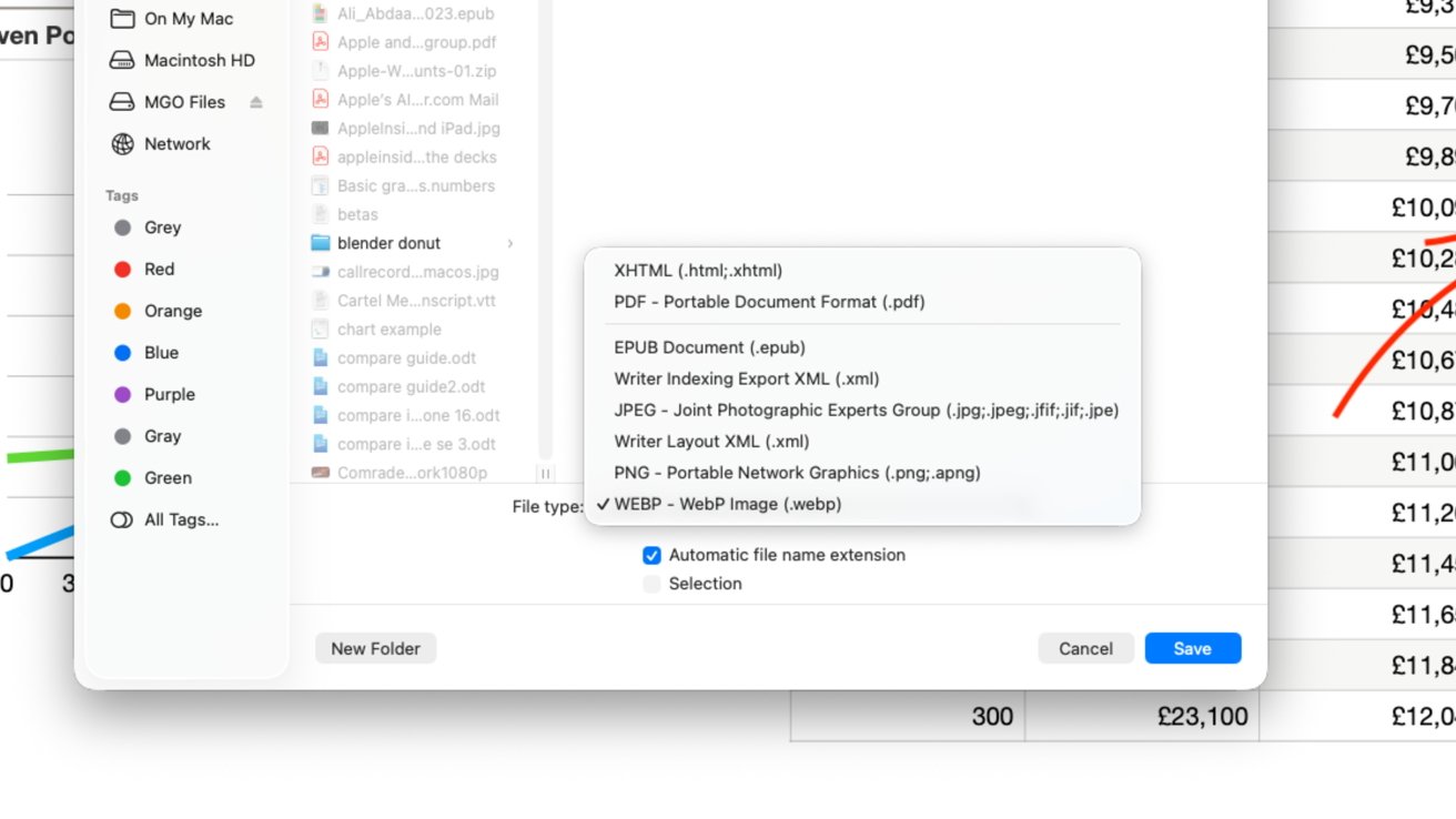 File save dialog box on a Mac, listing file types like PDF, JPEG, and WEBP, with folder navigation and tags on the left sidebar.