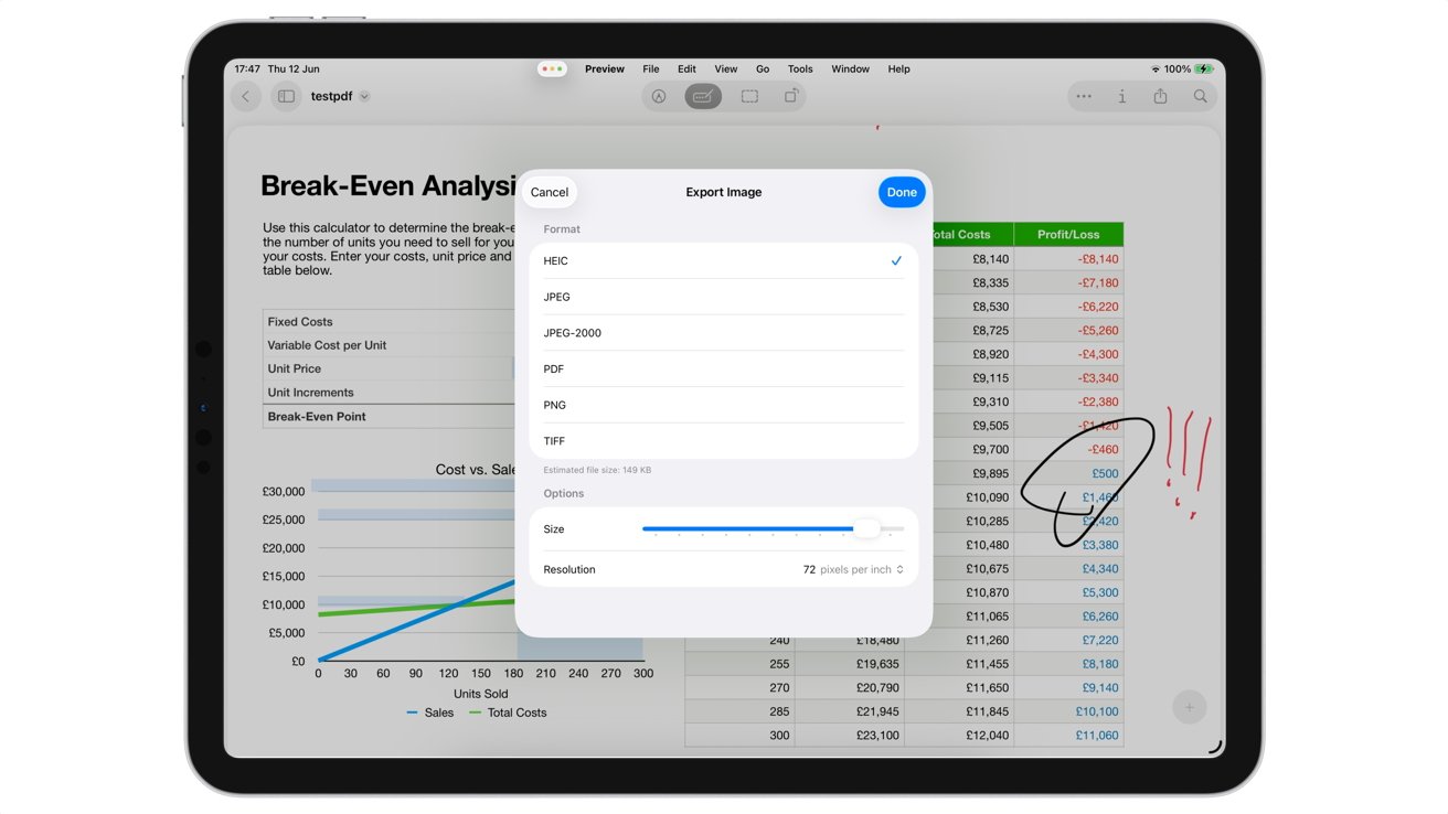 Tablet displaying a break-even analysis with a graph and table. An export options window is open, and annotations are drawn on the table section.