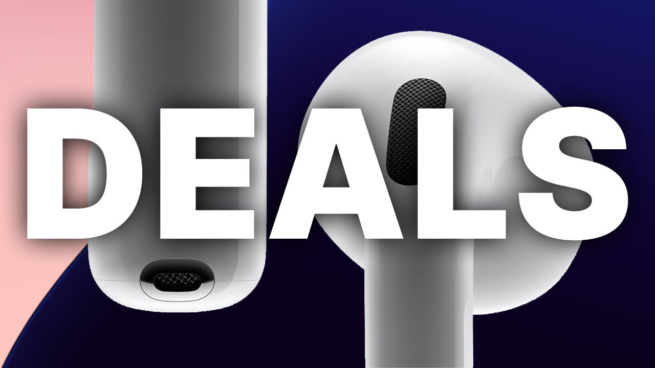 The word 'DEALS' overlaid on close-up views of AirPods earbuds with a pink and dark blue background.