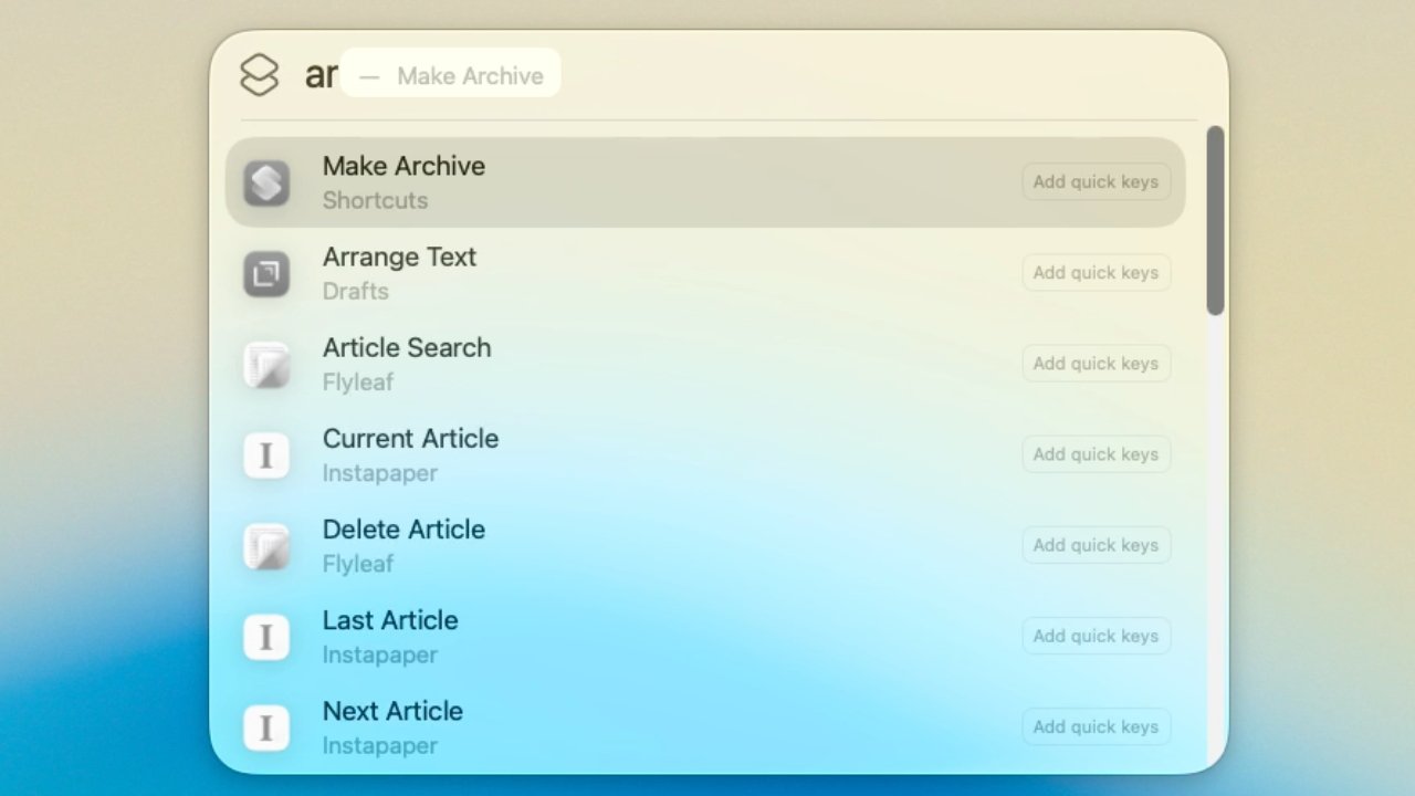 A digital interface showing a list of options like Make Archive, Arrange Text, and Article Search, each with an 'Add quick keys' button.