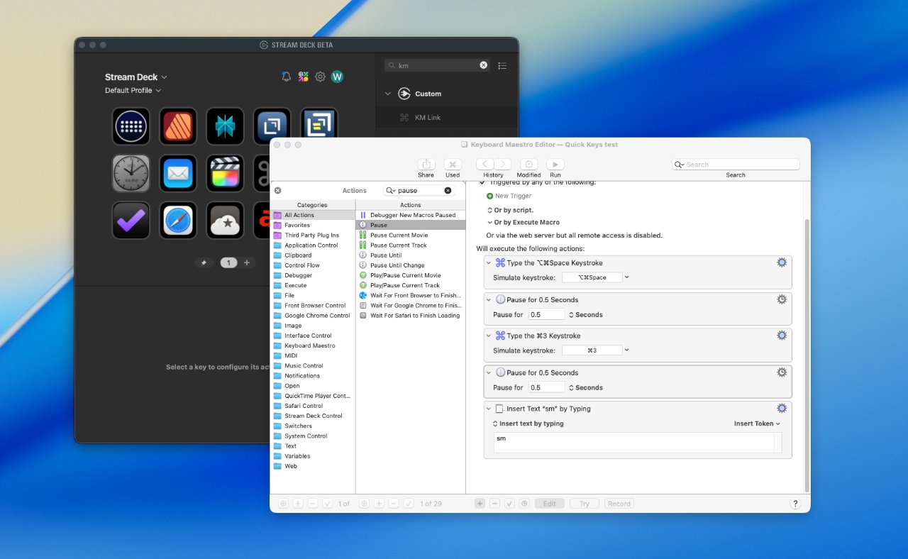 Stream Deck Beta window with app icons on left, Keyboard Maestro Editor with macros list on right, displayed on a blurred desktop background.