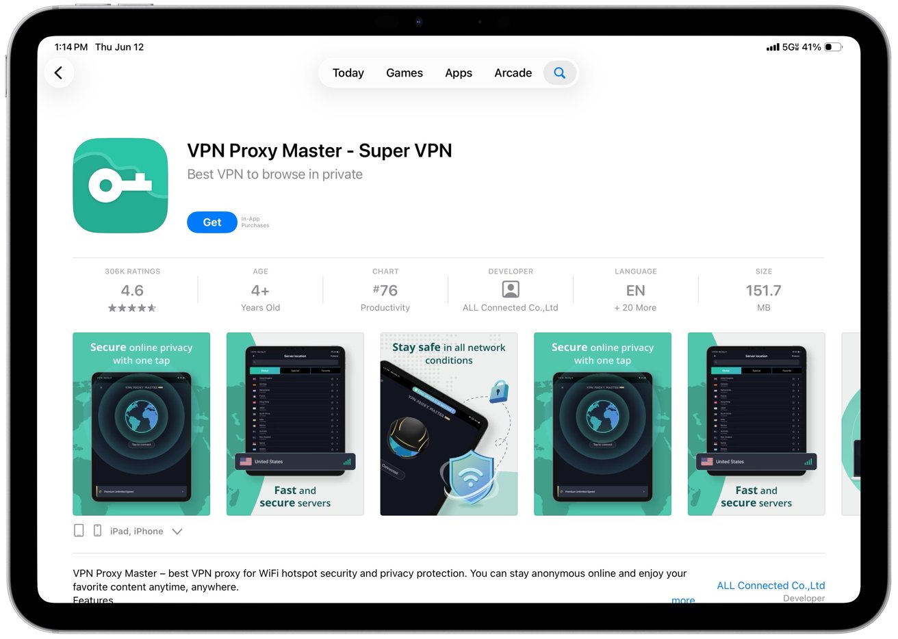 App Store page for VPN Proxy Master showing app details, screenshots, a 4.6-star rating, age 4+, and 151.7 MB size.