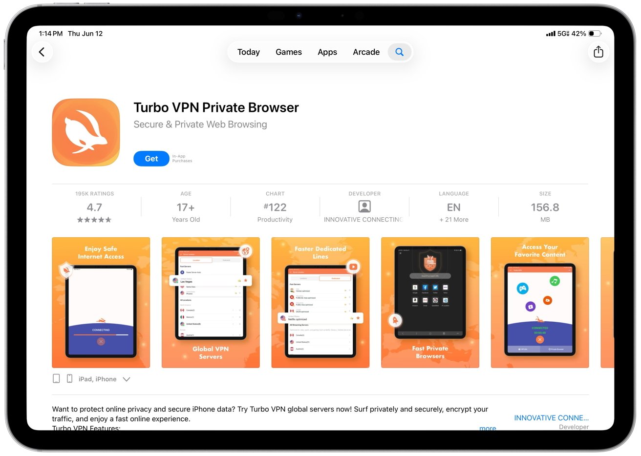 App Store page for Turbo VPN Private Browser, showing app logo, install button, ratings, age limit, and screenshots highlighting features like global servers, private browsing, and secure access.