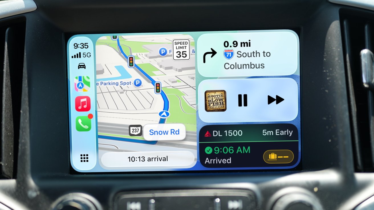 Car dashboard showing navigation map, music player, and flight arrival status. Maps displays a route with traffic lights and 35 mph speed limit. Settings show 9:35 time and 5G signal.