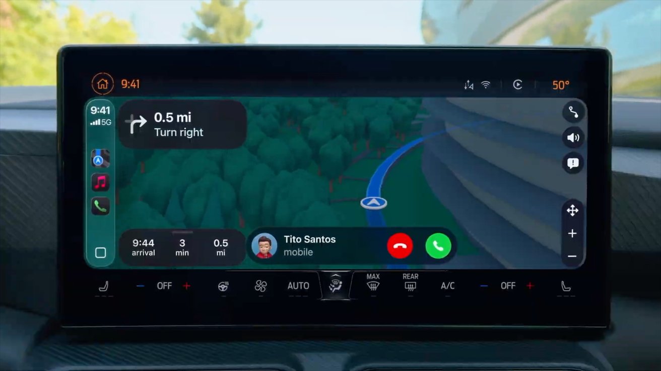 Car dashboard showing a navigation screen with upcoming right turn, current time, weather, and call interface displaying contact Tito Santos.