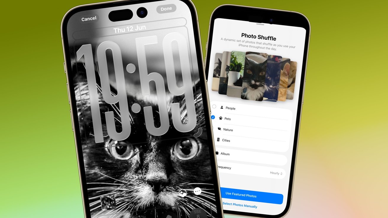 Two smartphones displaying time and a photo shuffle feature for pets. The lock screen shows a black-and-white cat face. Background is a green gradient.