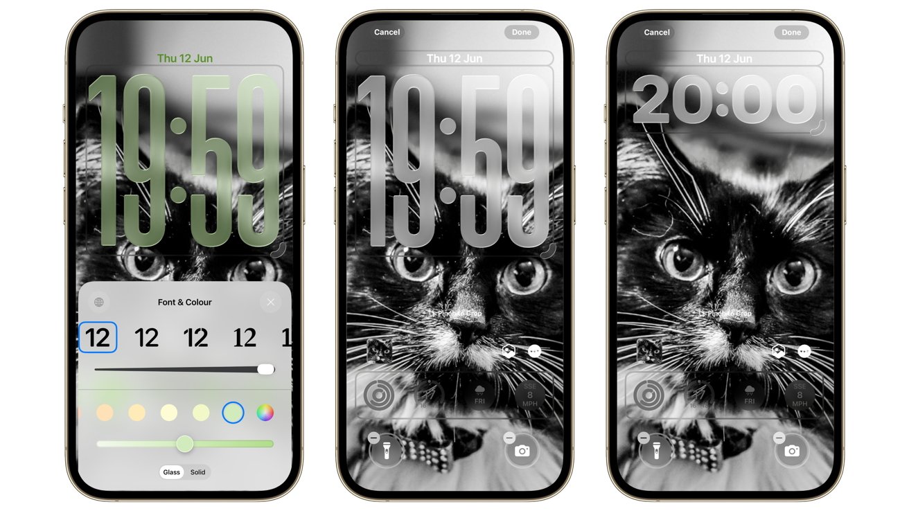 Three smartphones displaying a black-and-white cat wallpaper with digital clock widgets. Customization options for font size and color appear on the leftmost screen.