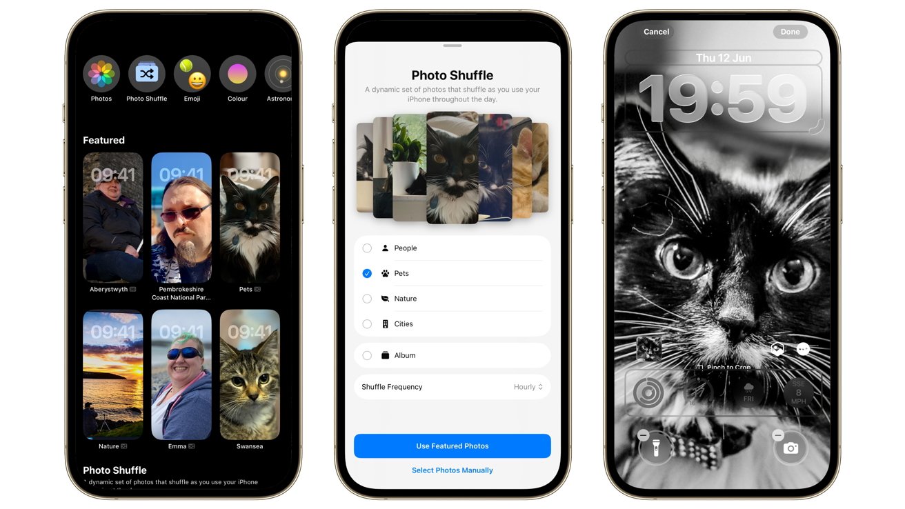 Three smartphones display photo shuffle feature, with different images selected, including pets and landscapes. The central phone shows a 'Pets' category selected with shuffle options.