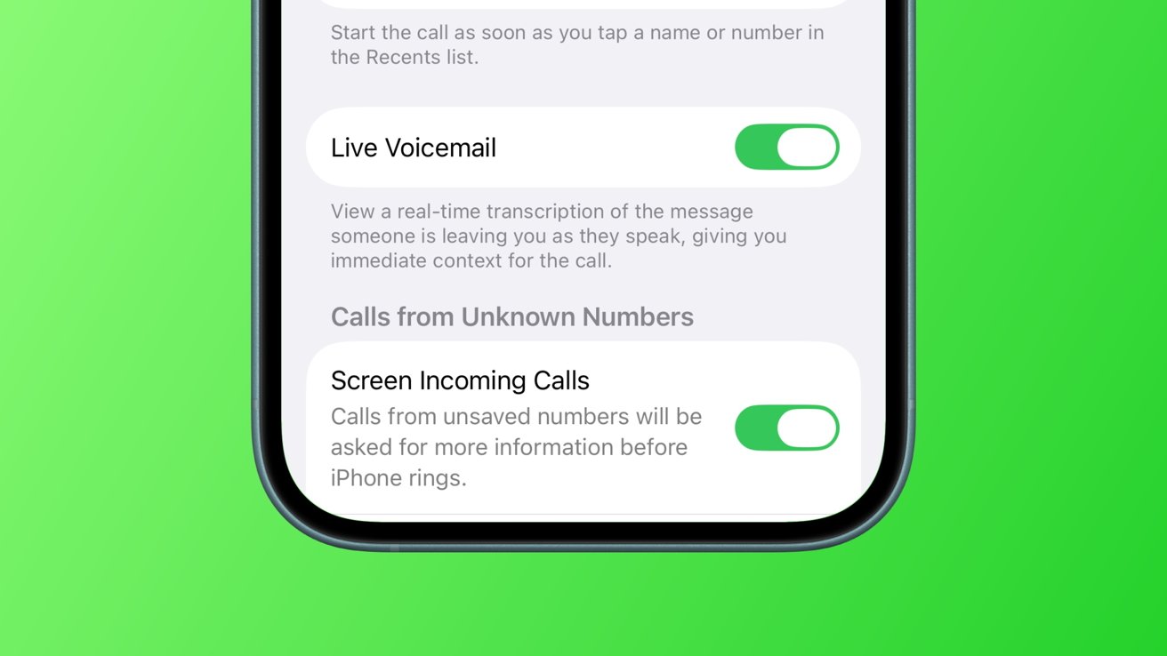Smartphone screen displaying settings for live voicemail and screening incoming calls, both toggled on. Bright green background.