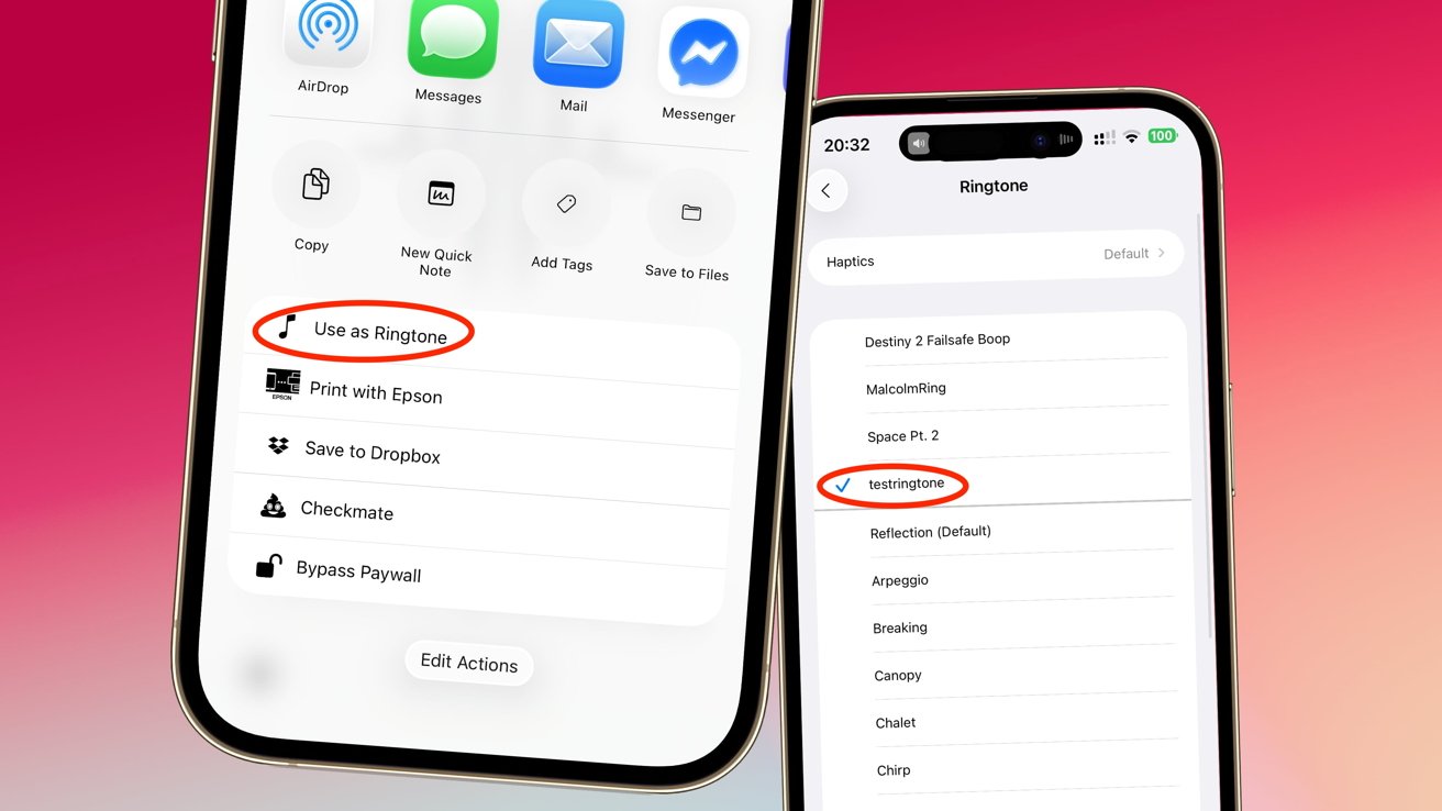 Two smartphone screens display settings. One shows a menu with 'Use as Ringtone' highlighted, and the other shows a ringtone selection with 'testringtone' highlighted.