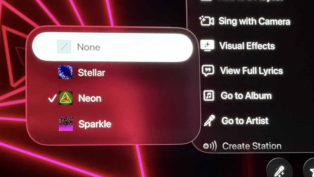 Music app interface showing visual effects options: Stellar, Neon (selected), Sparkle; and menu options like Visual Effects and View Full Lyrics, against a neon background.