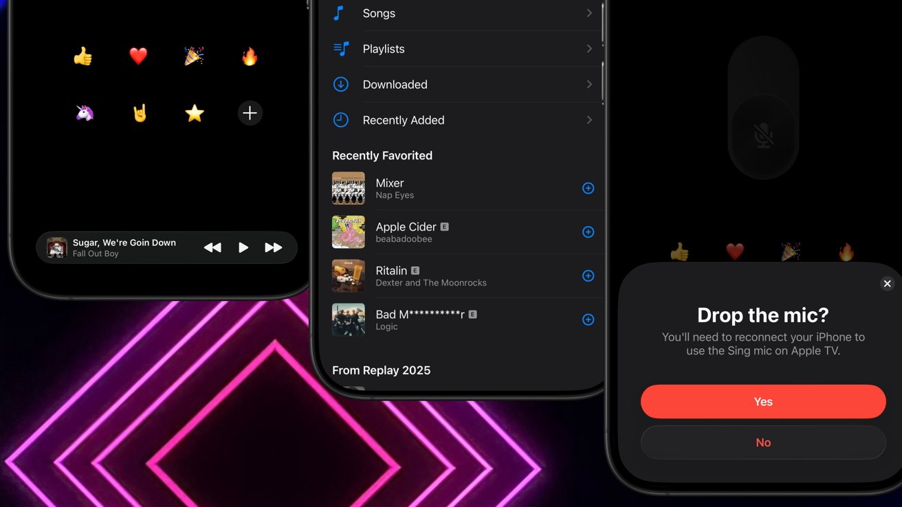 Smartphone interface showing emoji reactions, music library with songs, and a 'Drop the mic?' prompt with options to reconnect or cancel. Neon pink geometric background.