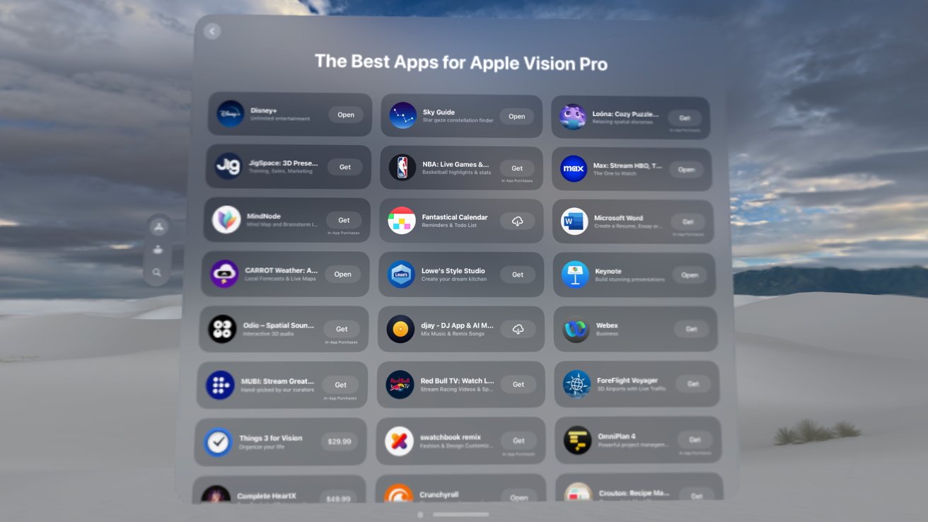 A digital interface displaying a list of apps for Apple Vision Pro with their icons and availability status, set against a cloudy sky background over a desert landscape.