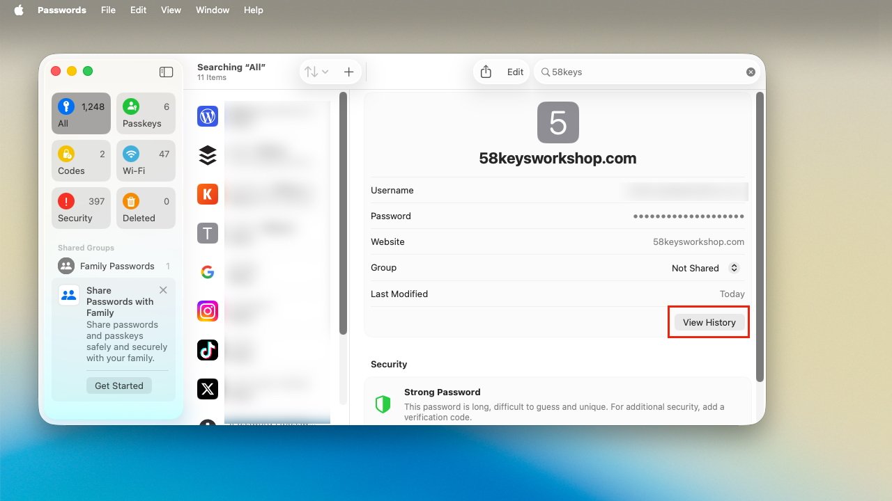 Password manager interface with website login details displayed, security status, and options to share passwords with family. Various app icons are listed on the left sidebar.