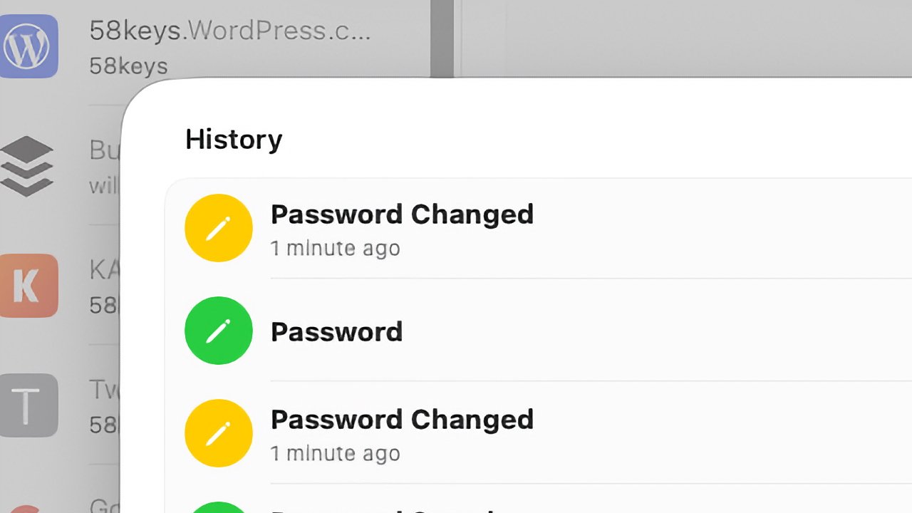 History screen showing passwords, with a 'Password Changed' entry marked one minute ago. Icons are colored yellow and green.