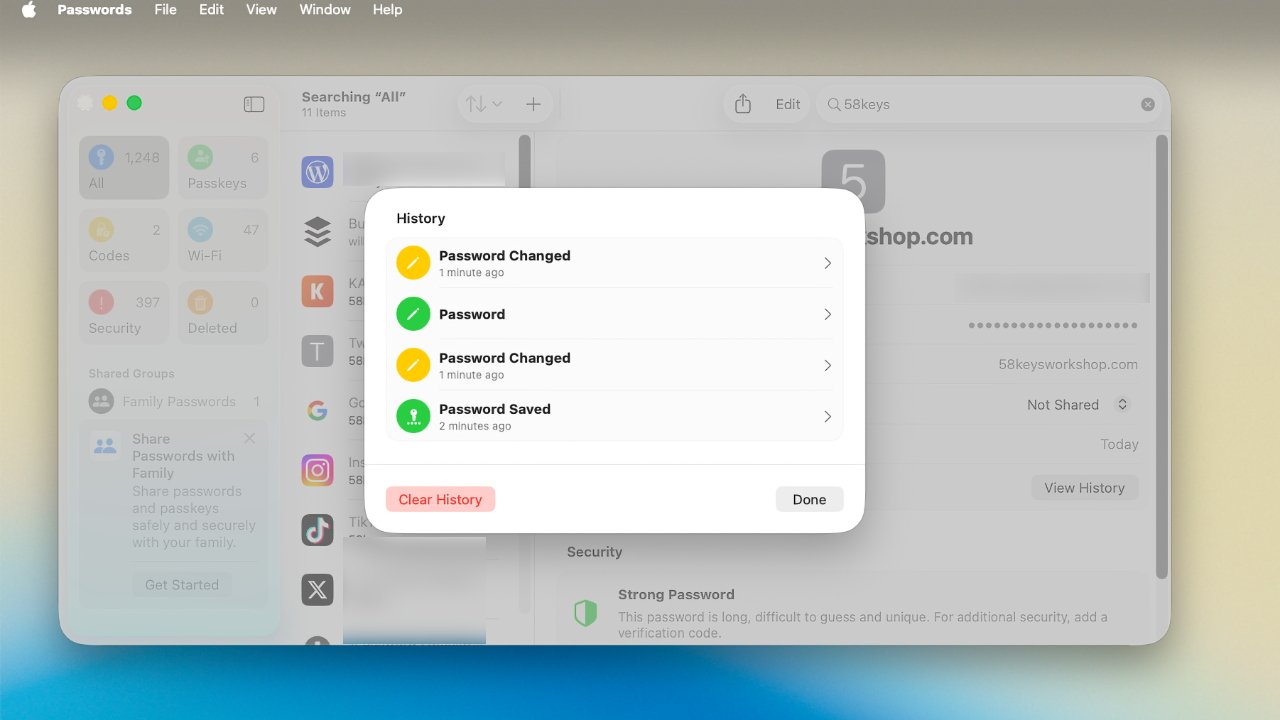 Password manager application showing history of recent password activities, including changes and saves. Options to clear history or confirm actions with done button.