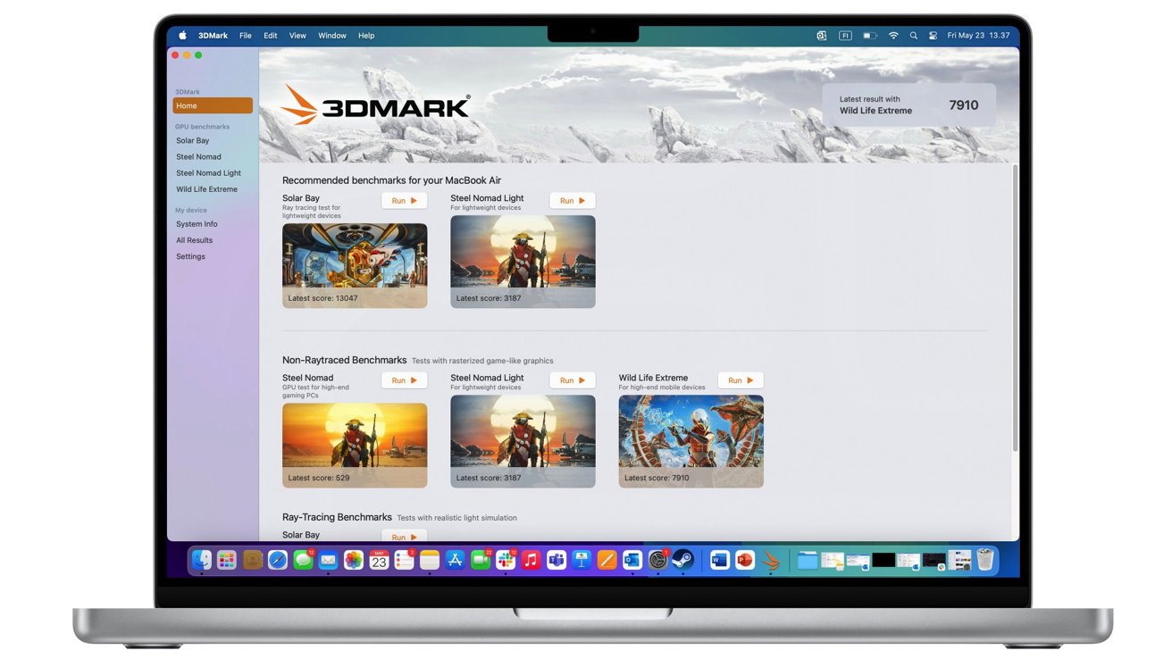 3DMark benchmarking software on laptop screen showing test results and scores for various graphics tests including Solar Bay, Steel Nomad Light, and Wild Life Extreme.