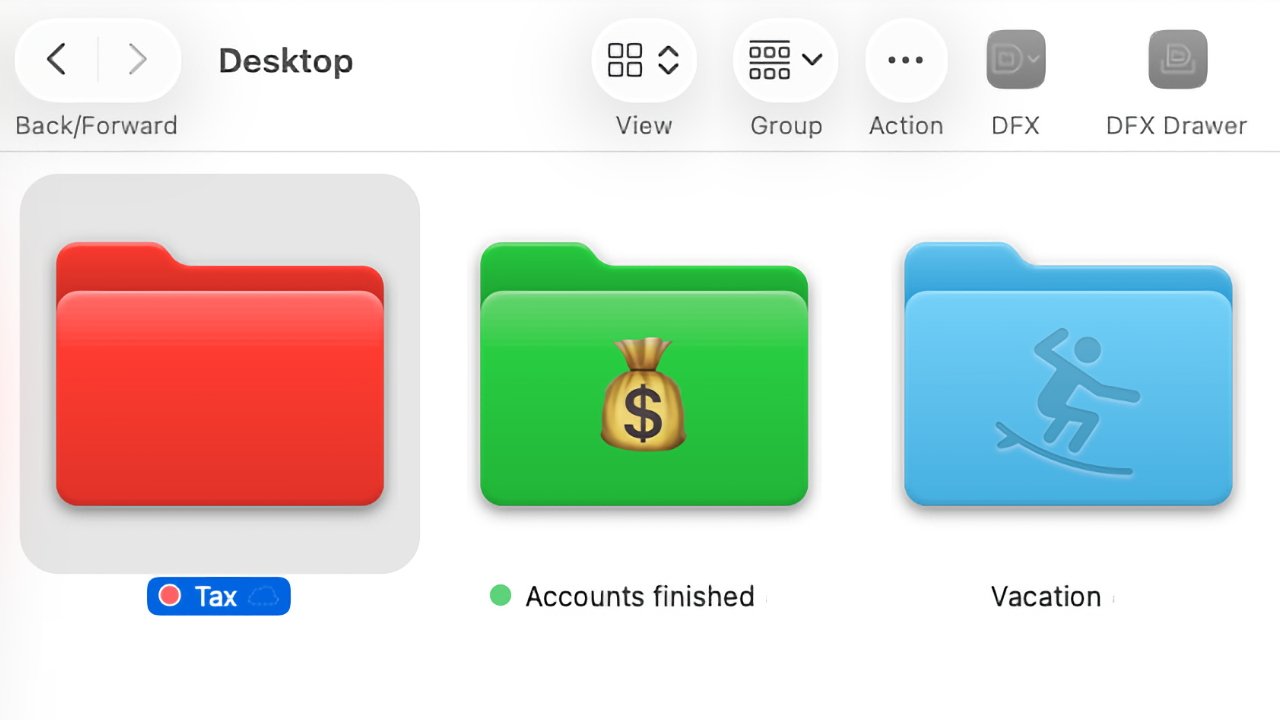 Three desktop folders: a red folder labeled Tax, a green folder with a money bag icon labeled Accounts finished, and a blue folder with a surfing icon labeled Vacation.