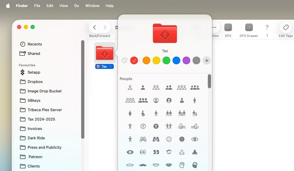 Computer screen displaying a file explorer with a red folder labeled Tax, color and symbol customization menu open, icons, and list of favorite folders visible on the left.