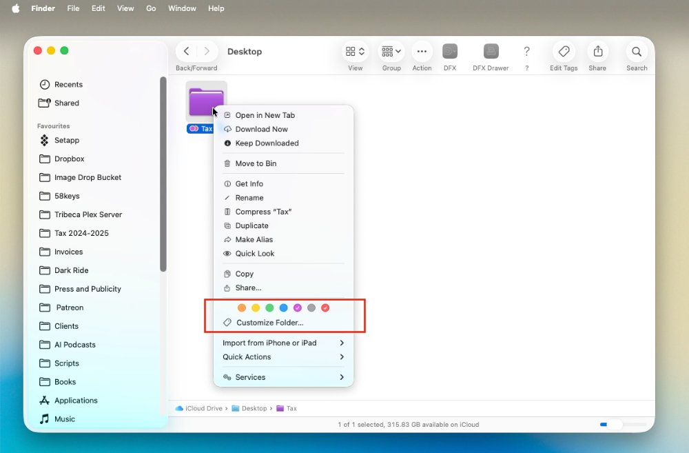 Computer screen showing a Finder window with a context menu open. The menu includes options like open, download, and customize folder, with color selection at the bottom.