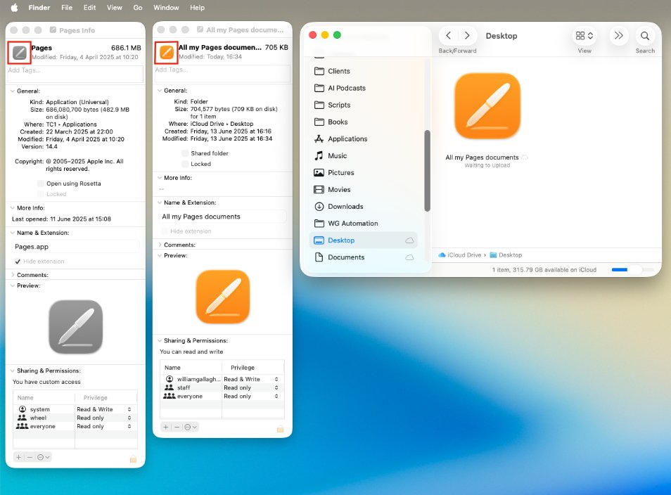 Mac Finder window showing file information for 'Pages' app and 'All my Pages documents' folder. Includes details like size, version, permissions, and folder location.