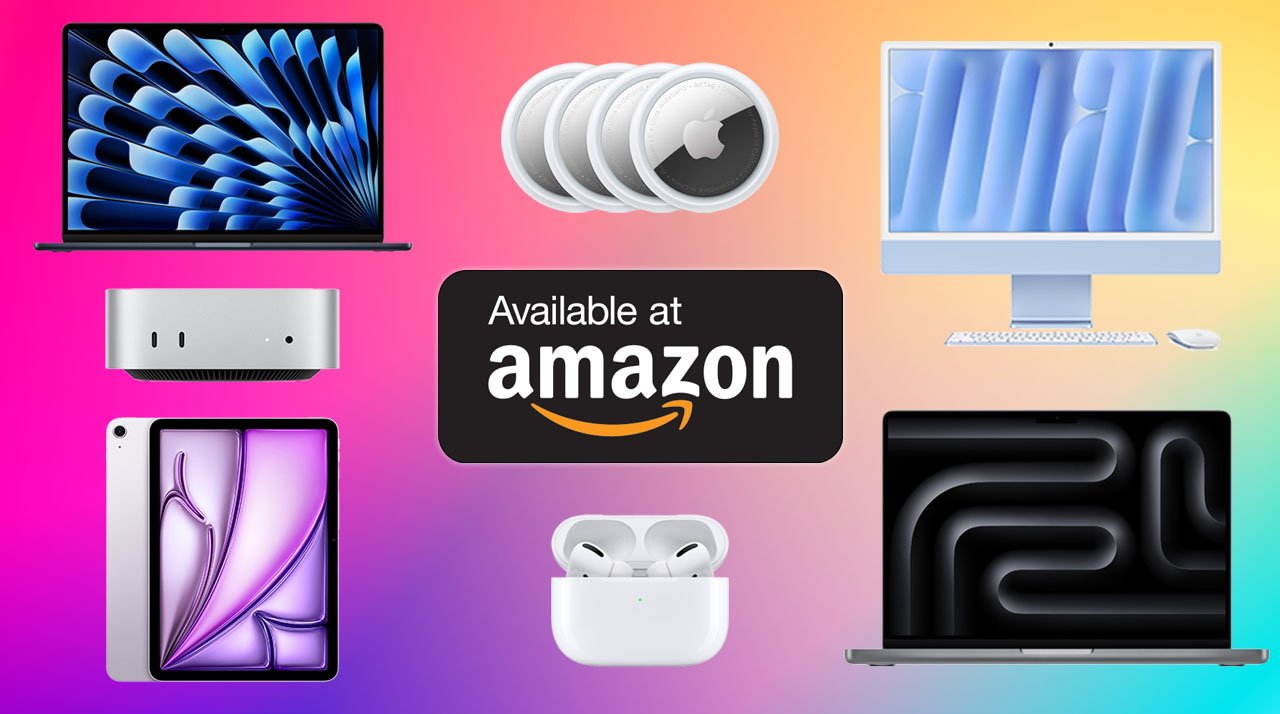 Apple products including MacBooks, AirPods, iPad, Mac mini, iMac, and AirTags displayed on colorful gradient background with 'Available at Amazon' text in center.