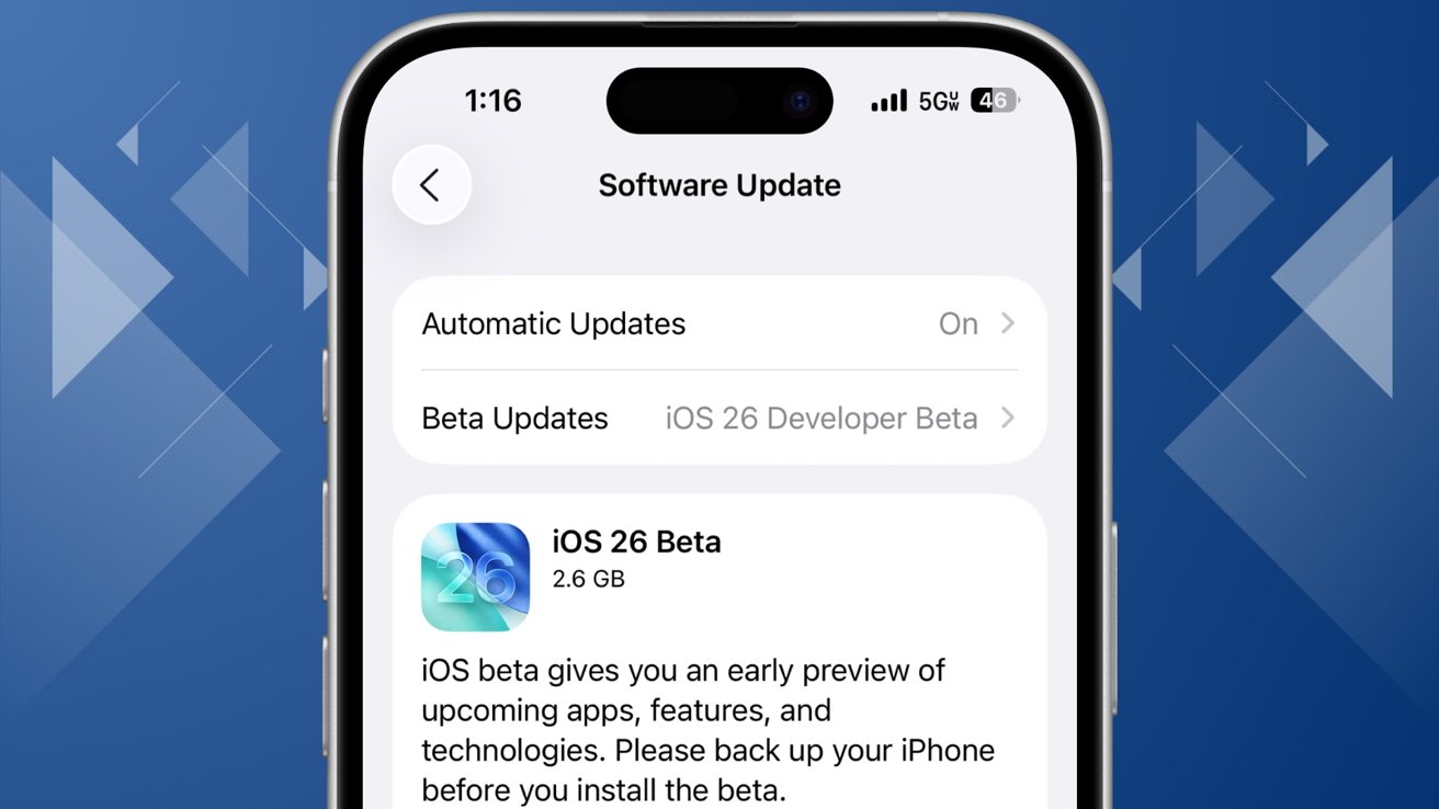 iPhone screen showing software update with iOS 26 beta, 2.6 GB, offering early preview of new apps and features. Background has abstract blue shapes.