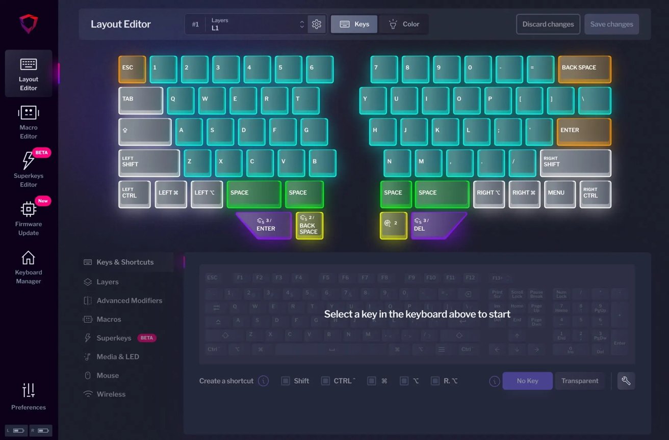 Keyboard layout editor interface showing customizable keys with color-coded options and sidebar menu for various editing tools.