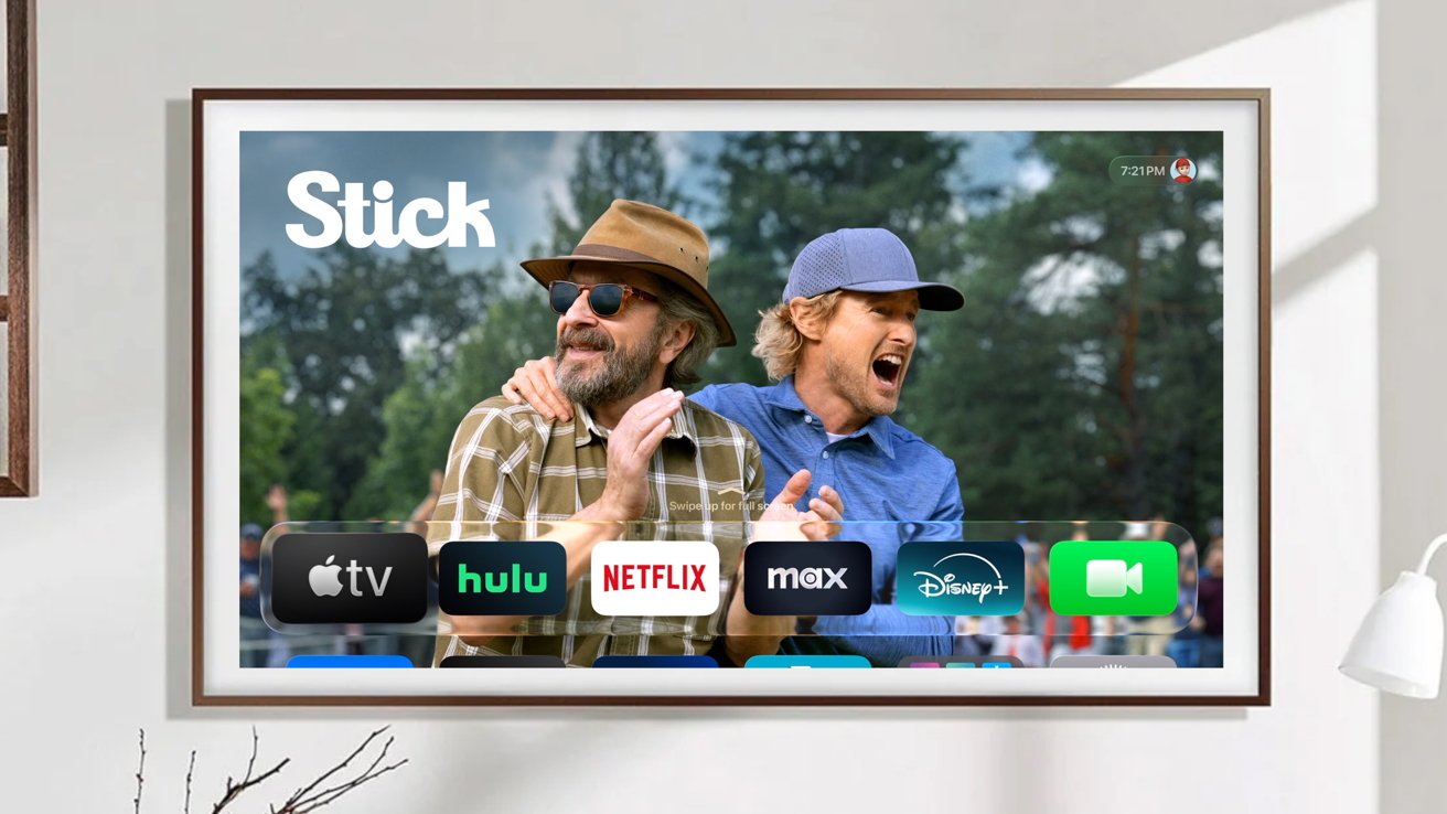 Two people laughing outdoors, one wearing sunglasses and hat, the other a cap. Below them, streaming service logos include Apple TV, Hulu, Netflix, Max, and Disney+.