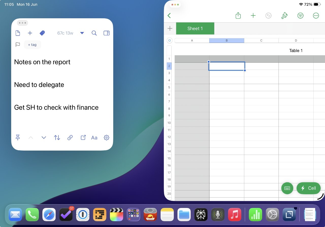 Notes and a spreadsheet displayed on a tablet, with a taskbar showing app icons at the bottom.