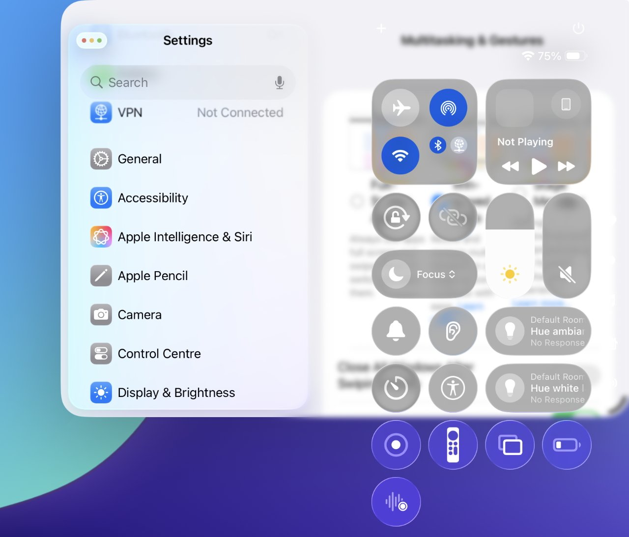 Device settings menu on the left, including VPN and accessibility options. Control center icons on the right, featuring Wi-Fi, Bluetooth, and brightness controls.