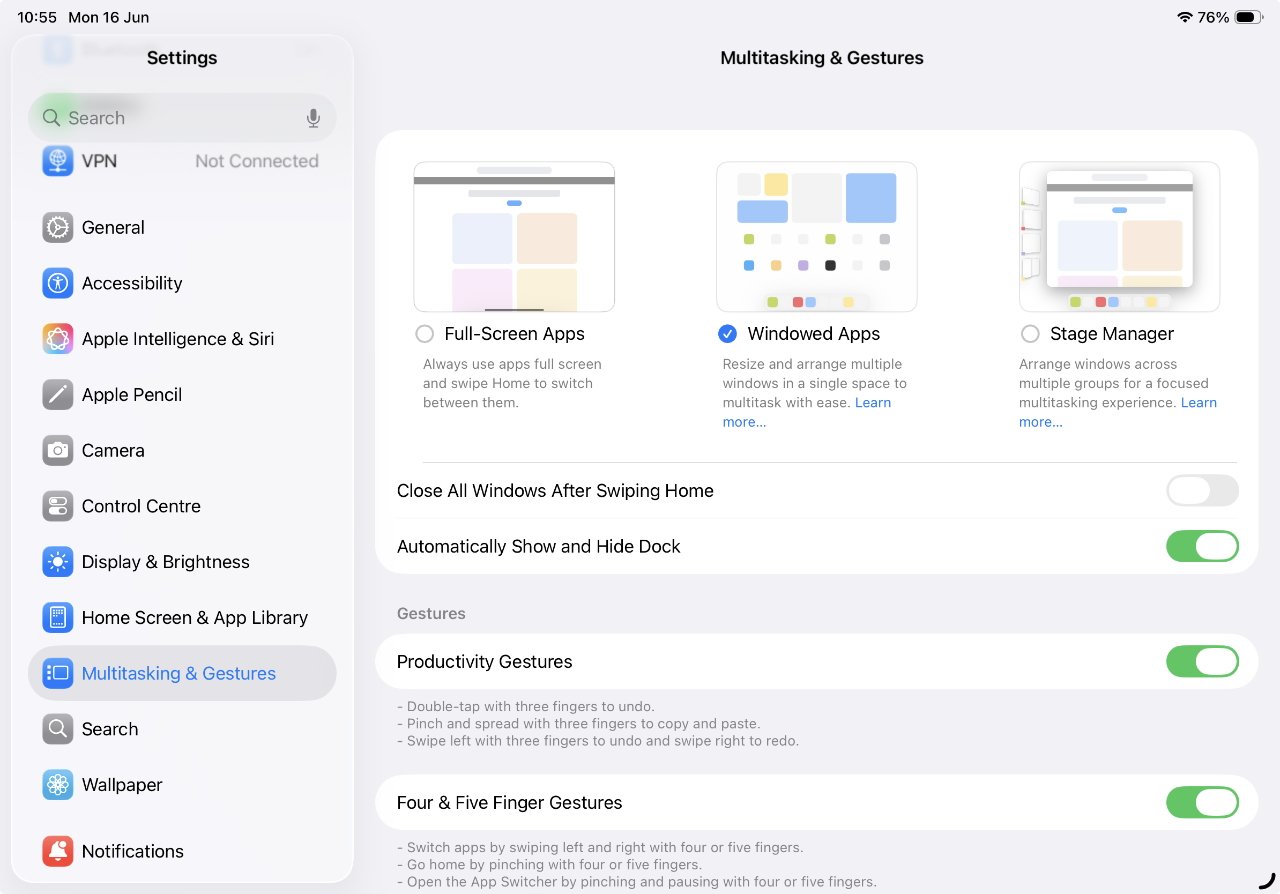Tablet settings screen displaying multitasking and gestures options, including full-screen, windowed apps, stage manager, and toggle switches for various gesture controls.