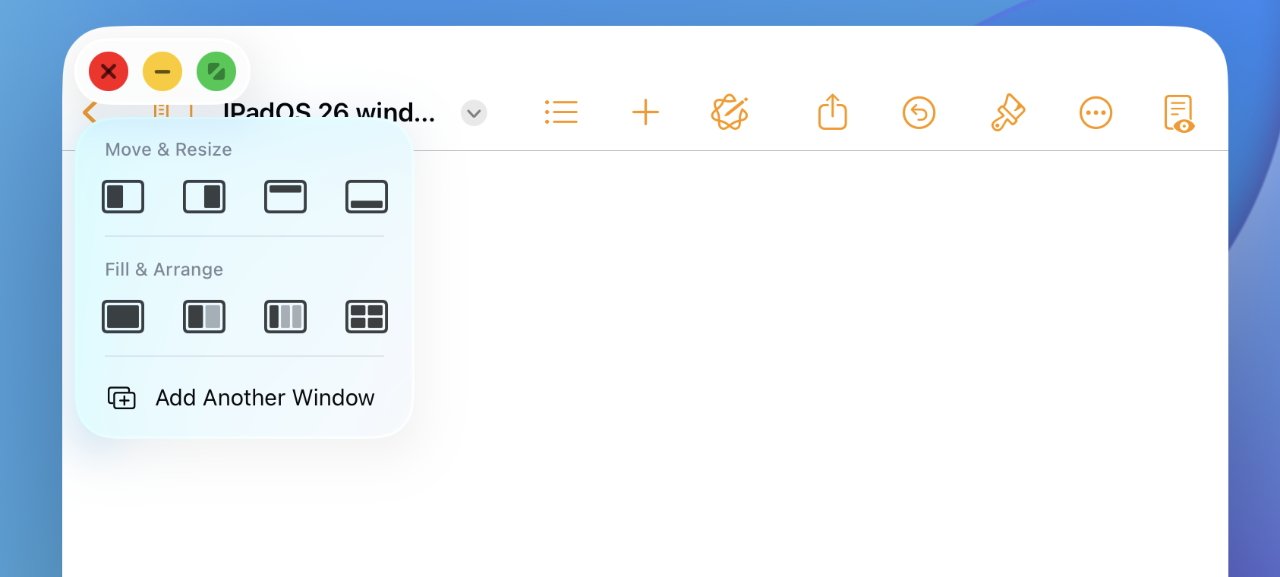 A window management menu on a digital interface, showing options for moving, resizing, and arranging windows, with colorful buttons on the top bar for closing and minimizing.