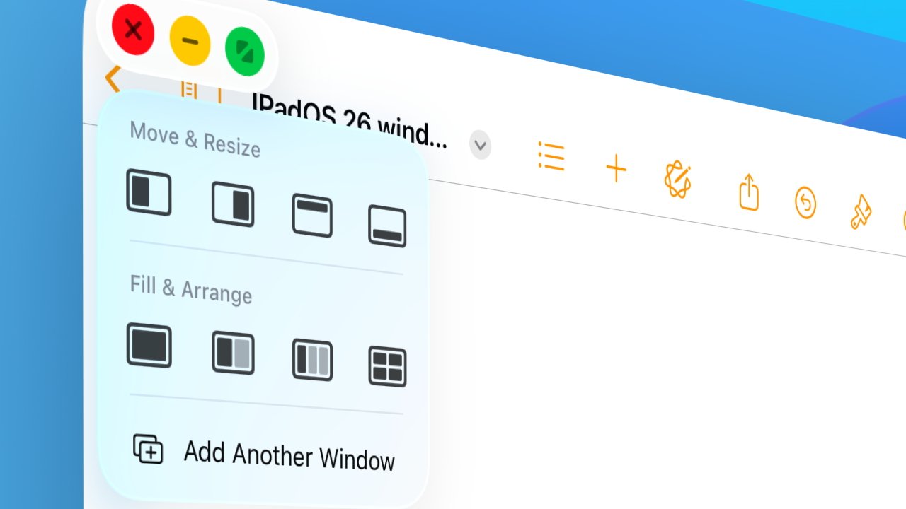 Floating window menu with options for move, resize, fill, and arrange. Colorful icons and three navigation buttons are visible against a blue background.