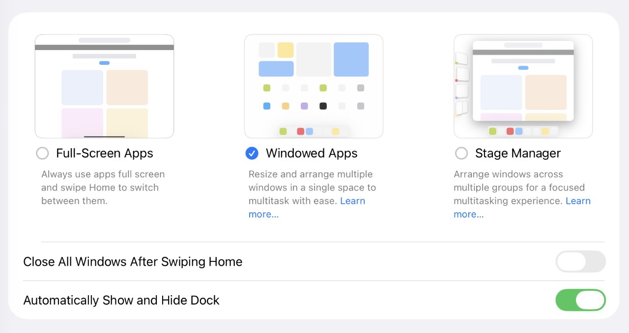 Three app management options include Full-Screen Apps, Windowed Apps, and Stage Manager, with Windowed Apps selected. Two toggles below: Close All Windows and Automatically Show and Hide Dock.